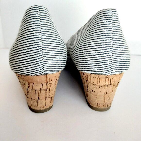 Moda Reflex Cork Wedge Peep Toe Shoes 9.5M Navy White Stripe Fabric New - Picture 6 of 9